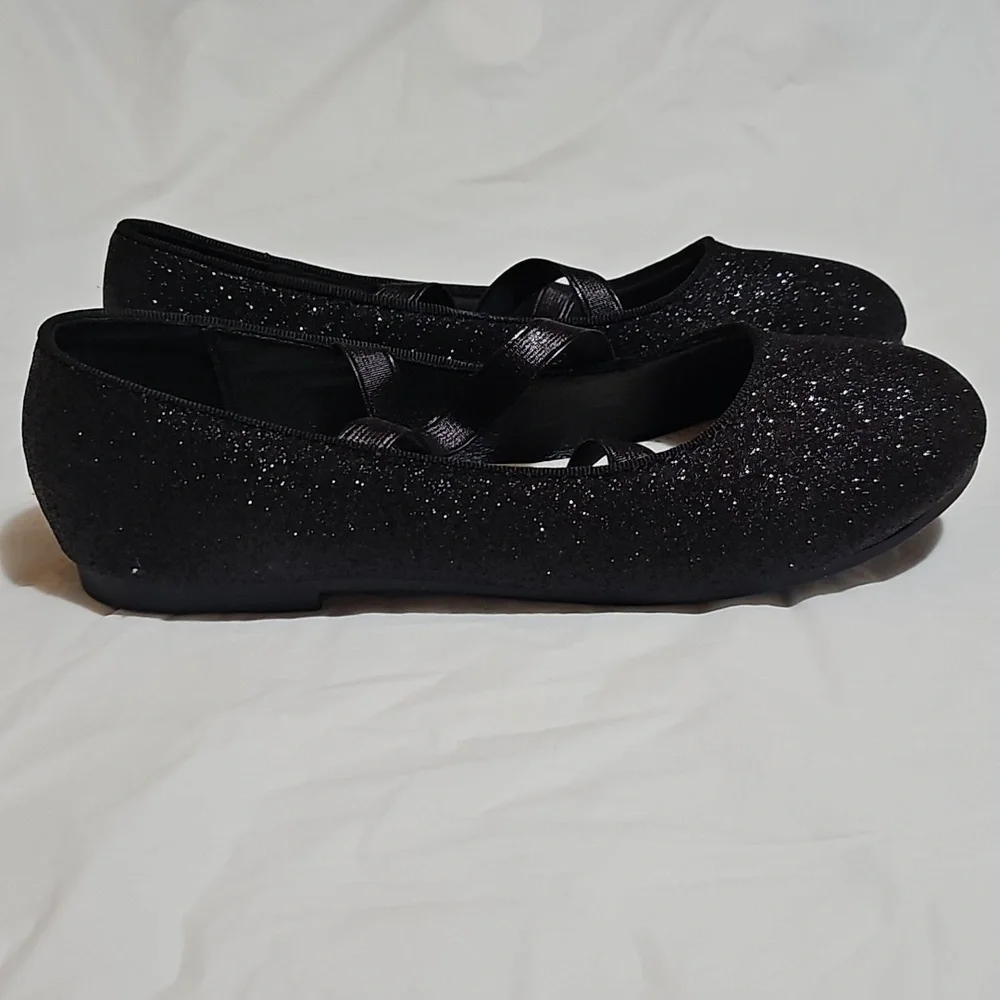 MEI MACLEOD Girls Size 5 Black Glitter Strappy Flats Used